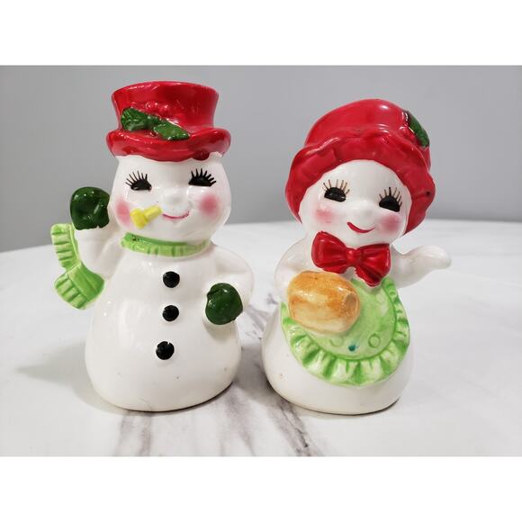 Vintage 1950s Christmas Snowman Salt and Pepper Shaker Set Japan Kitschy MCM - Picture 1 of 8